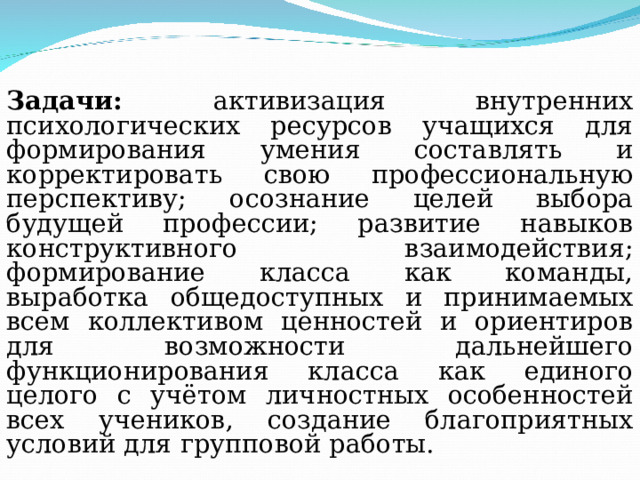 Задачи: активизация внутренних психологических ресурсов учащихся для формирования умения составлять и корректировать свою профессиональную перспективу; осознание целей выбора будущей профессии; развитие навыков конструктивного взаимодействия; формирование класса как команды, выработка общедоступных и принимаемых всем коллективом ценностей и ориентиров для возможности дальнейшего функционирования класса как единого целого с учётом личностных особенностей всех учеников, создание благоприятных условий для групповой работы. 