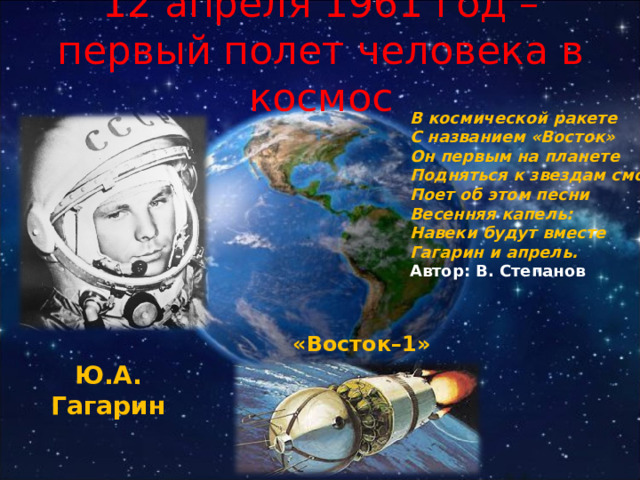 12 апреля 1961 год – первый полет человека в космос В космической ракете С названием «Восток» Он первым на планете Подняться к звездам смог. Поет об этом песни Весенняя капель: Навеки будут вместе Гагарин и апрель. Автор: В. Степанов  «Восток–1» Ю.А. Гагарин 