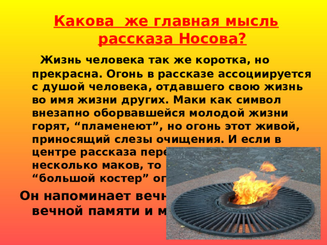 Какова же главная мысль рассказа Носова?  Жизнь человека так же коротка, но прекрасна. Огонь в рассказе ассоциируется с душой человека, отдавшего свою жизнь во имя жизни других. Маки как символ внезапно оборвавшейся молодой жизни горят, “пламенеют”, но огонь этот живой, приносящий слезы очищения. И если в центре рассказа перед нами всего несколько маков, то в финале – это уже “большой костер” огненных цветов. Он напоминает вечный огонь. Знак вечной памяти и молчания.  