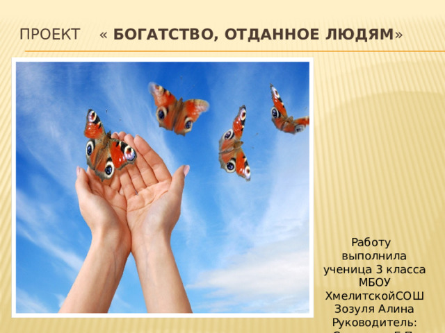 Проект « Богатство, отданное людям »   Работу выполнила ученица 3 класса МБОУ ХмелитскойСОШ Зозуля Алина Руководитель: Смирнова Е.П. 