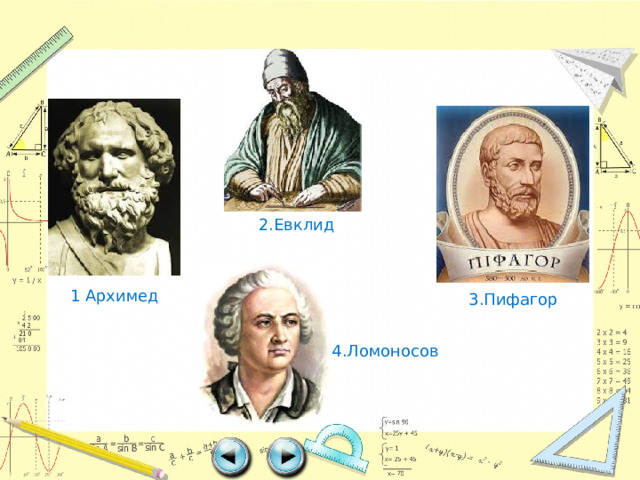 2.Евклид 1 Архимед 3.Пифагор 4.Ломоносов 