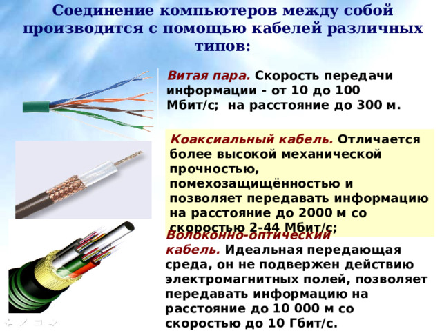 Соединение компьютеров между собой производится с помощью кабелей различных типов: Витая пара.  Скорость передачи информации - от 10 до 100 Мбит/с;  на расстояние до 300 м.   Коаксиальный кабель.  Отличается более высокой механической прочностью, помехозащищённостью и позволяет передавать информацию на расстояние до 2000 м со скоростью 2-44 Мбит/с;  Волоконно-оптический кабель.  Идеальная передающая среда, он не подвержен действию электромагнитных полей, позволяет передавать информацию на расстояние до 10 000 м со скоростью до 10 Гбит/с. 