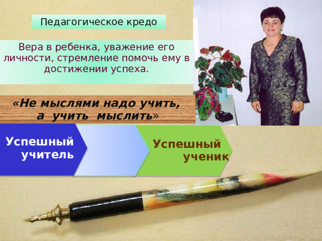 Педагогическое кредо Вера в ребенка, уважение его личности, стремление помочь ему в достижении успеха. «Не мыслями надо учить, а учить мыслить » Успешный  учитель Успешный  ученик 