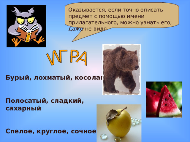 Оказывается, если точно описать предмет с помощью имени прилагательного, можно узнать его, даже не видя Бурый, лохматый, косолапый  Полосатый, сладкий, сахарный  Спелое, круглое, сочное 