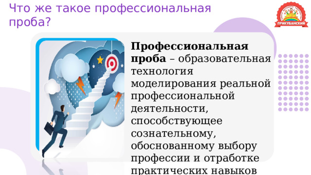 Что  же  такое профессиональная проба ? Профессиональная проба – образовательная технология моделирования реальной профессиональной деятельности, способствующее сознательному, обоснованному выбору профессии и отработке практических навыков по ней . 
