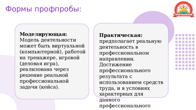 Формы профпробы: Моделирующая: Модель деятельности может быть виртуальной (компьютерной), работой на тренажере, игровой (деловая игра), реализована через решение реальной профессиональной задачи (кейса). Практическая: предполагает реальную деятельность в профессиональном направлении. Достижение профессионального результата с использованием средств труда, и в условиях характерных для данного профессионального направления . 