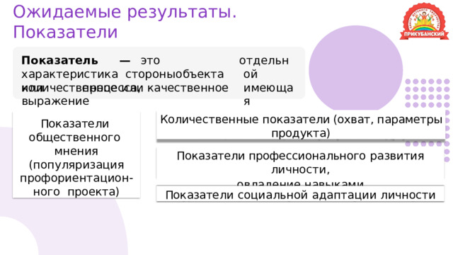 Ожидаемые результаты.  Показатели Пок а з а т е л ь  —  э т о   х а р а к т е рист и к а стороны  объекта  или  процесса, о т д е льной и мею щ ая количественное  или  качественное  выражение Количественные  показатели (охват, параметры продукта) Показатели  общественного  мнения  (популяризация профориентацион-ного  проекта) Показатели профессионального  развития  личности, овладение навыками Показатели  социальной  адаптации  личности 