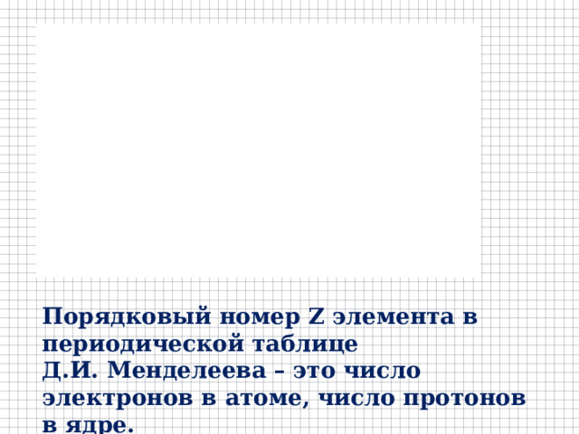 Порядковый номер Z элемента в периодической таблице Д.И. Менделеева – это число электронов в атоме, число протонов в ядре. 