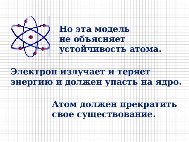 Но эта модель не объясняет устойчивость атома. Электрон излучает и теряет энергию и должен упасть на ядро. Атом должен прекратить свое существование. 