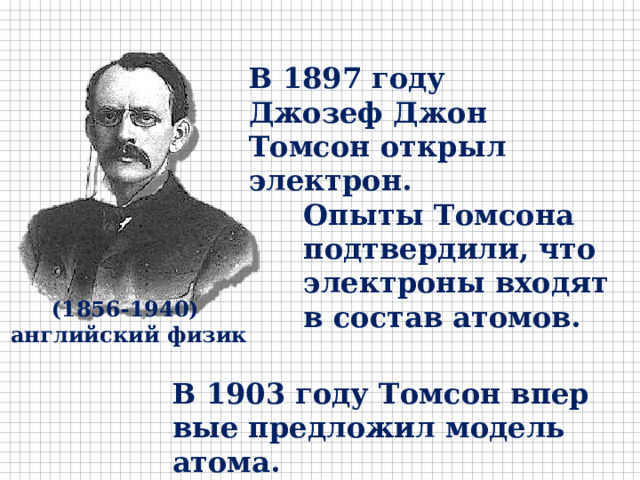 В 1897 году Джозеф Джон Томсон открыл электрон. Опыты Томсона подтвердили, что электроны входят в состав атомов. (1856-1940) английский физик В 1903 году Том­сон впер­вые пред­ло­жил мо­дель атома.  