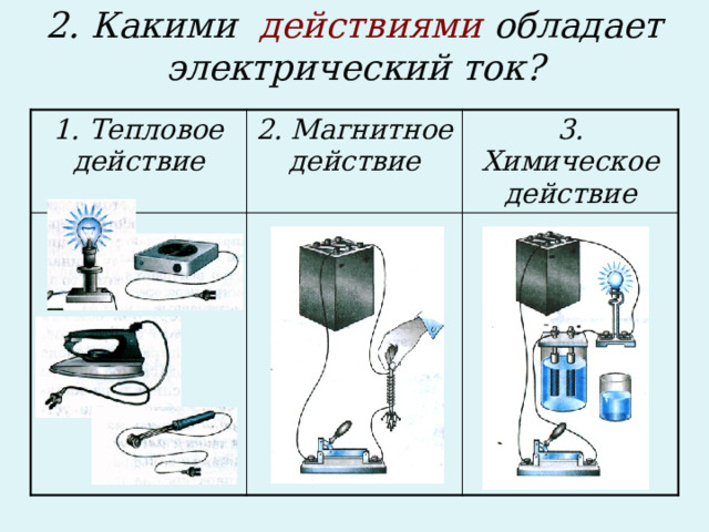 2. Какими действиями обладает электрический ток?   1. Тепловое действие 2. Магнитное действие 3. Химическое действие       