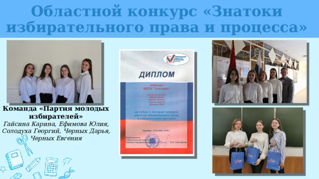   Областной конкурс «Знатоки избирательного права и процесса»    Команда «Партия молодых избирателей» Гайсина Карина, Ефимова Юлия, Солодуха Георгий, Черных Дарья, Черных Евгения  