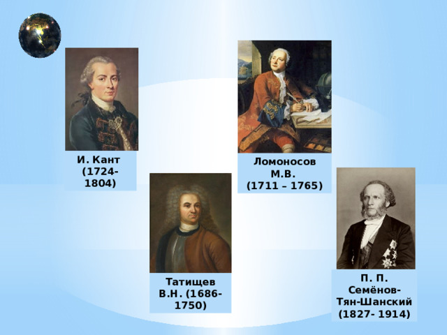И. Кант (1724- 1804) Ломоносов М.В. (1711 – 1765) П. П. Семёнов-Тян-Шанский (1827- 1914) Татищев В.Н. (1686- 1750) 