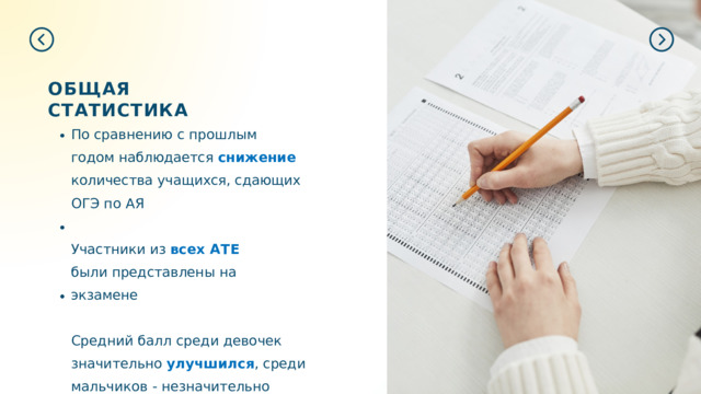 ОБЩАЯ  СТАТИСТИКА По  сравнению  с  прошлым  годом наблюдается  снижение  количества учащихся,  сдающих  ОГЭ  по  АЯ Участники  из  всех  АТЕ  были представлены  на  экзамене Средний  балл  среди  девочек значительно  улучшился ,  среди мальчиков  -  незначительно  снизился 