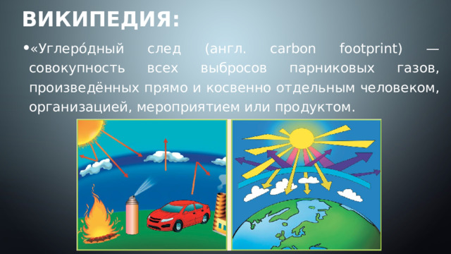 Википедия: «Углеро́дный след (англ. carbon footprint) — совокупность всех выбросов парниковых газов, произведённых прямо и косвенно отдельным человеком, организацией, мероприятием или продуктом. 