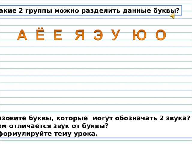 На какие 2 группы можно разделить данные буквы? Назовите буквы, которые могут обозначать 2 звука? Чем отличается звук от буквы? Сформулируйте тему урока. 