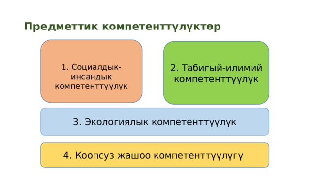 Предметтик компетенттүлүктөр 1. Социалдык-инсандык компетенттүүлүк 2. Табигый-илимий компетенттүүлүк 3. Экологиялык компетенттүүлүк 4. Коопсуз жашоо компетенттүүлүгү 