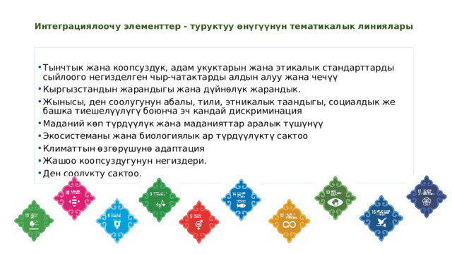  Интеграциялоочу элементтер - туруктуу өнүгүүнүн тематикалык линиялары Тынчтык жана коопсуздук, адам укуктарын жана этикалык стандарттарды сыйлоого негизделген чыр-чатактарды алдын алуу жана чечүү Кыргызстандын жарандыгы жана дүйнөлүк жарандык. Жынысы, ден соолугунун абалы, тили, этникалык таандыгы, социалдык же башка тиешелүүлүгү боюнча эч кандай дискриминация Маданий көп түрдүүлүк жана маданияттар аралык түшүнүү Экосистеманы жана биологиялык ар түрдүүлүктү сактоо Климаттын өзгөрүшүнө адаптация Жашоо коопсуздугунун негиздери. Ден соолукту сактоо. 29 