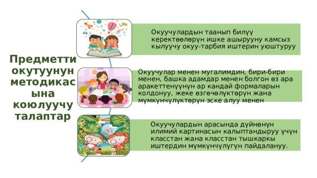 Окуучулардын таанып билүү керектөөлөрүн ишке ашырууну камсыз кылуучу окуу-тарбия иштерин уюштуруу Окуучулар менен мугалимдин, бири-бири менен, башка адамдар менен болгон өз ара аракеттенүүнүн ар кандай формаларын колдонуу, жеке өзгөчөлүктөрүн жана мүмкүнчүлүктөрүн эске алуу менен Предметти окутуунун методикасына коюлуучу талаптар Окуучулардын арасында дүйнөнүн илимий картинасын калыптандыруу үчүн класстан жана класстан тышкаркы иштердин мүмкүнчүлүгүн пайдалануу. 