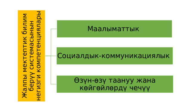 Жалпы мектептик билим берүү системасынын негизги компетенциялары Маалыматтык  Социалдык-коммуникациялык  Өзүн-өзү таануу жана көйгөйлөрдү чечүү 