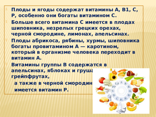 Плоды и ягоды содержат витамины A, B1, С, Р, особенно они богаты витамином С. Больше всего витамина С имеется в плодах шиповника, незрелых грецких орехах, черной смородине, лимонах, апельсинах. Плоды абрикоса, рябины, хурмы, шиповника богаты провитамином А — каротином, который в организме человека переходит в витамин А. Витамины группы В содержатся в апельсинах, яблоках и грушах; в лимонах, грейпфрутах,  а также в черной смородине  имеется витамин Р. 