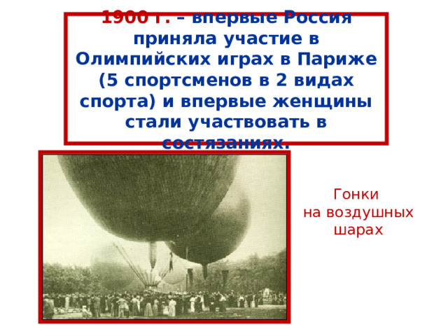 1900 г. – впервые Россия приняла участие в Олимпийских играх в Париже (5 спортсменов в 2 видах спорта) и впервые женщины стали участвовать в состязаниях. Г онки на воздушных шарах 