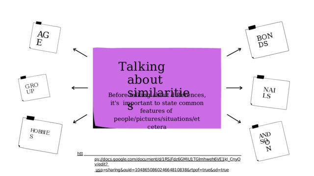 AGE G R O U P HO BBI ES B O N D S AND  SO O N N A I L S T a l k i n g  a b o u t similarities Before talking about differences, it's  important  to  state  common  features  of  people/pictures/situations/et  cetera 