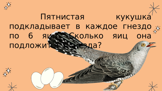  Пятнистая кукушка подкладывает в каждое гнездо по 6 яиц. Сколько яиц она подложит в 3 гнезда? 