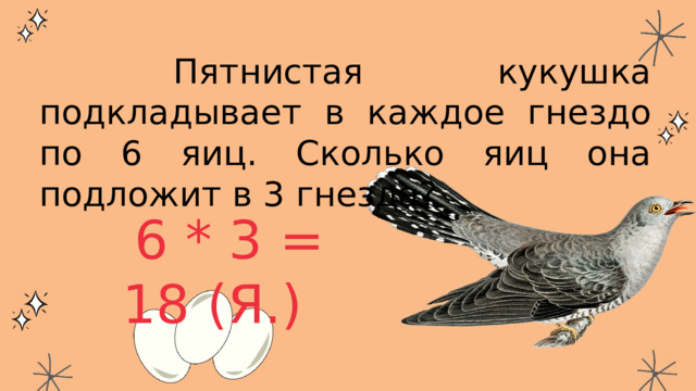  Пятнистая кукушка подкладывает в каждое гнездо по 6 яиц. Сколько яиц она подложит в 3 гнезда? 6 * 3 = 18 (Я.) 