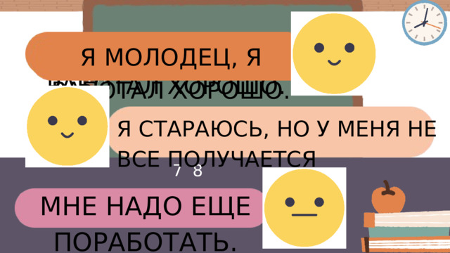 Я МОЛОДЕЦ, Я РАБОТАЛ ХОРОШО. Я МОЛОДЕЦ, Я РАБОТАЛ ХОРОШО. 11 M S Я СТАРАЮСЬ, НО У МЕНЯ НЕ ВСЕ ПОЛУЧАЕТСЯ 28 27 МНЕ НАДО ЕЩЕ ПОРАБОТАТЬ. 