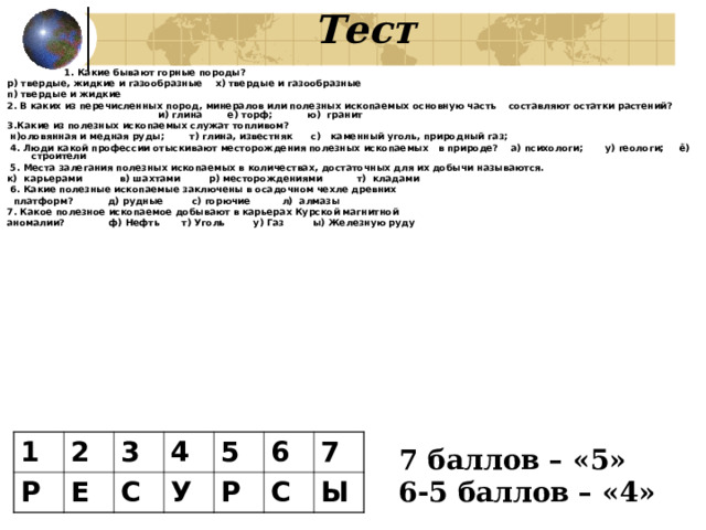  Тест  1. Какие бывают горные породы? р) твердые, жидкие и газообразные х) твердые и газообразные п) твердые и жидкие 2. В каких из перечисленных пород, минералов или полезных ископаемых основную часть составляют остатки растений? и) глина е) торф; ю)  гранит 3.Какие из полезных ископаемых служат топливом?   н)оловянная и медная руды;  т) глина, известняк с) каменный уголь, природный газ;  4. Люди какой профессии отыскивают месторождения полезных ископаемых в природе? а) психологи; у) геологи; ё) строители  5. Места залегания полезных ископаемых в количествах, достаточных для их добычи называются. к)  карьерами в) шахтами р) месторождениями т)  кладами   6. Какие полезные ископаемые заключены в осадочном чехле древних  платформ? д) рудные с) горючие л) алмазы 7. Какое полезное ископаемое добывают в карьерах Курской магнитной аномалии? ф) Нефть т) Уголь у) Газ ы) Железную руду 1 Р 2 3 Е 4 С 5 У Р 6 7 С Ы 7 баллов – «5»  6-5 баллов – «4» 