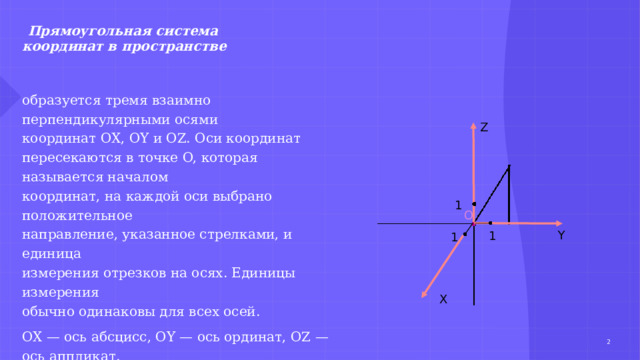   Прямоугольная система координат в пространстве    образуется тремя взаимно перпендикулярными осями  координат OX, OY и OZ. Оси координат  пересекаются в точке O, которая называется началом  координат, на каждой оси выбрано положительное  направление, указанное стрелками, и единица  измерения отрезков на осях. Единицы измерения  обычно одинаковы для всех осей. OX — ось абсцисс, OY — ось ординат, OZ — ось аппликат.  Соответствующие координатные плоскости:  XY, YZ и XZ.  Прямоугольную систему координат называют декартовой .    Z 1 О Y 1 1 X 1 