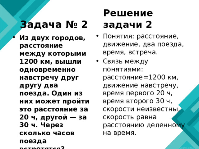 Задача № 2 Решение задачи 2 Понятия: расстояние, движение, два поезда, время, встреча. Связь между понятиями: расстояние=1200 км, движение навстречу, время первого 20 ч, время второго 30 ч, скорости неизвестны, скорость равна расстоянию деленному на время. Из двух городов, расстояние между которыми 1200 км, вышли одновременно навстречу друг другу два поезда. Один из них может пройти это расстояние за 20 ч, другой — за 30 ч. Через сколько часов поезда встретятся? 