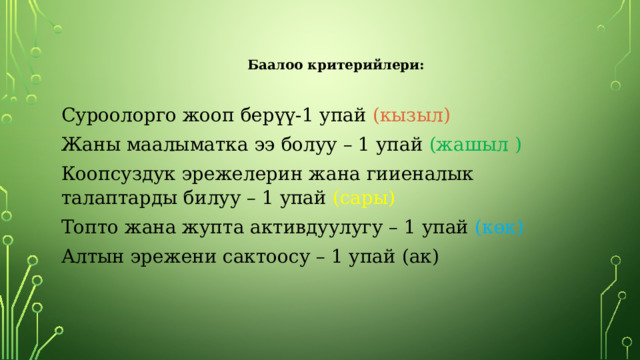 Баалоо критерийлери: Суроолорго жооп берүү-1 упай (кызыл) Жаны маалыматка ээ болуу – 1 упай (жашыл ) Коопсуздук эрежелерин жана гииеналык талаптарды билуу – 1 упай (сары) Топто жана жупта активдуулугу – 1 упай (көк) Алтын эрежени сактоосу – 1 упай (ак) 