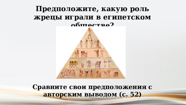 Предположите, какую роль жрецы играли в египетском обществе? Сравните свои предположения с авторским выводом (с. 52) 