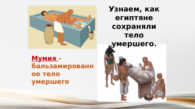 Узнаем, как египтяне сохраняли тело умершего. Мумия – бальзамированное тело умершего 