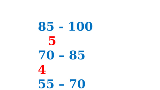 85 - 100 – 5 70 – 85 – 4 55 – 70 - 3 