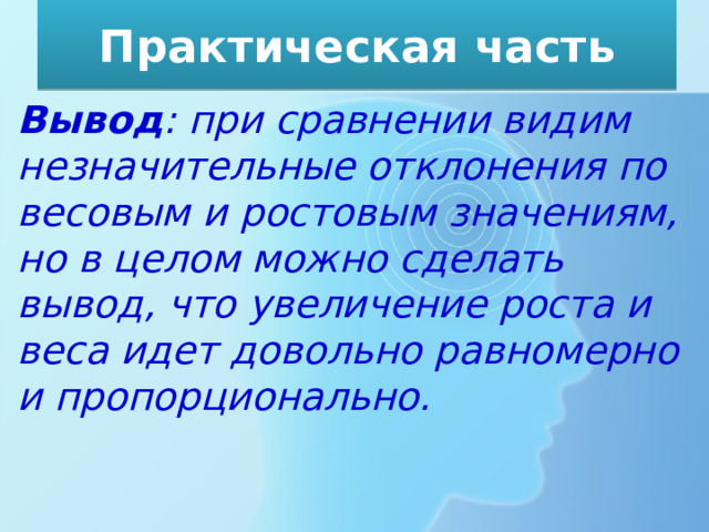 Практическая часть Вывод : при сравнении видим незначительные отклонения по весовым и ростовым значениям, но в целом можно сделать вывод, что увеличение роста и веса идет довольно равномерно и пропорционально. 