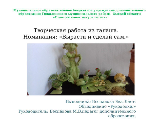 Муниципальное образовательное бюджетное учреждение дополнительного  образования Тюкалинского муниципального района Омской области  «Станция юных натуралистов»  Творческая работа из талаша. Номинация: «Вырасти и сделай сам.»  Выполнила: Беспалова Ева, 9лет. Объединение «Рукоделка.» Руководитель: Беспалова М.В.педагог дополнительного образования. 