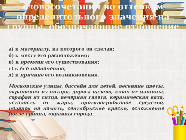 Распределите данные ниже словосочетания по оттенкам определительного значения на группы, обозначающие отношение предмета а) к материалу , из которого он сделан; б)  к месту его расположения; в) к времени его существования; г) к  его назначению ; д) к причине его возникновения .  Московские улицы, бассейн для детей, весенние цветы, украшения из янтаря, дорога налево, ключ от машины, сарафан из ситца, вечерняя газета, керамическая ваза, усталость от жары, противогрибковое средство, подарок на память, сентябрьские краски, осложнение после гриппа, окраины города.    