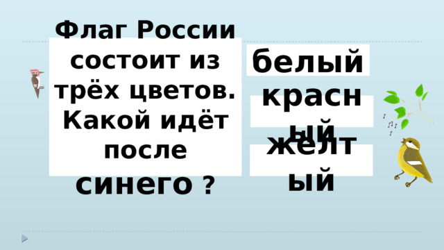 Флаг России состоит из трёх цветов.  Какой идёт после синего ? белый красный жёлтый 