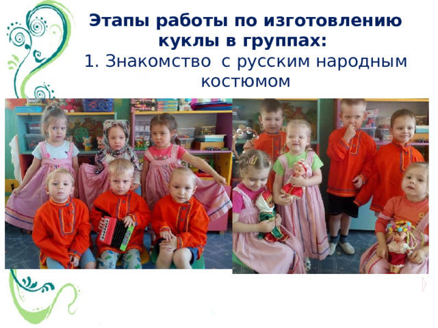 Этапы работы по изготовлению куклы в группах:  1. Знакомство с русским народным костюмом 