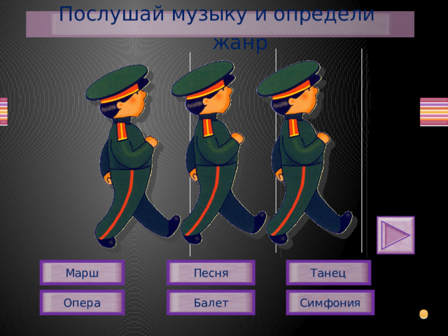 Послушай музыку и определи жанр Музыкальный фрагмент звучит автоматически. Песня Танец Марш Опера Балет Симфония  