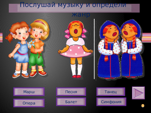 Послушай музыку и определи жанр Марш Танец Песня Балет Симфония Опера  
