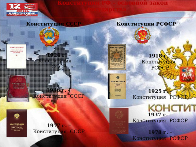 Конституция РФ – основной закон государства  Конституции РСФСР  Конституции СССР  1918 г. - Конституция РСФСР 1925 г. – Конституция РСФСР 1937 г. - Конституция РСФСР  1978 г. – Конституция РСФСР 1924 г. – Конституция СССР 1936 г. - Конституция СССР 1977 г. – Конституция СССР 