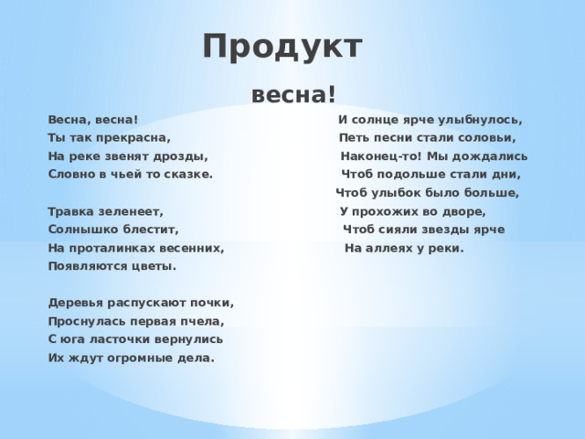 Продукт  весна!  Весна, весна! И солнце ярче улыбнулось, Ты так прекрасна, Петь песни стали соловьи, На реке звенят дрозды, Наконец-то! Мы дождались Словно в чьей то сказке. Чтоб подольше стали дни,  Чтоб улыбок было больше, Травка зеленеет, У прохожих во дворе, Солнышко блестит, Чтоб сияли звезды ярче На проталинках весенних, На аллеях у реки. Появляются цветы.  Деревья распускают почки, Проснулась первая пчела, С юга ласточки вернулись Их ждут огромные дела.  
