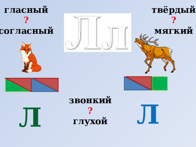 гласный твёрдый  ?  мягкий ?  согласный звонкий ?  глухой Л Л 