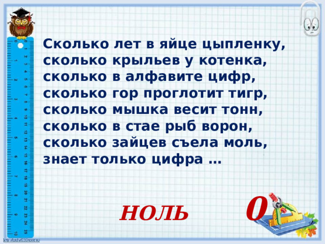  Сколько лет в яйце цыпленку,  сколько крыльев у котенка,  сколько в алфавите цифр,  сколько гор проглотит тигр,  сколько мышка весит тонн,  сколько в стае рыб ворон,  сколько зайцев съела моль,  знает только цифра …    НОЛЬ 0 