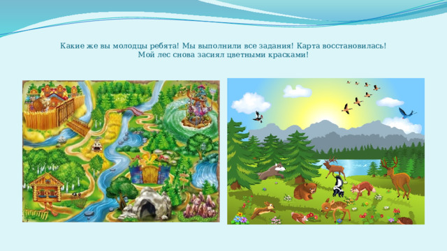 Какие же вы молодцы ребята! Мы выполнили все задания! Карта восстановилась!  Мой лес снова засиял цветными красками!   