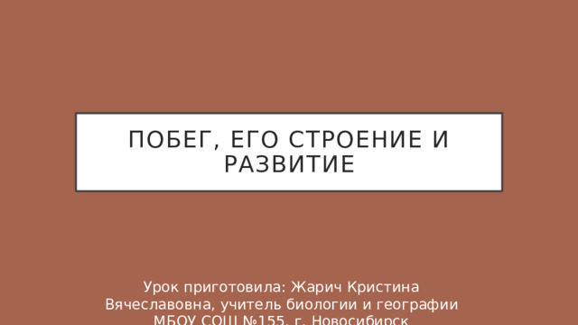 Побег, его строение и развитие Урок приготовила: Жарич Кристина Вячеславовна, учитель биологии и географии МБОУ СОШ №155, г. Новосибирск 